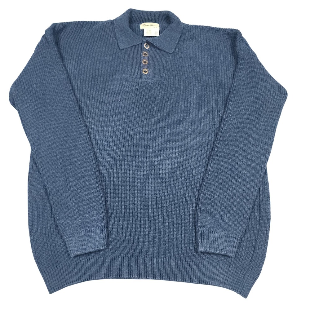Vintage Eddie Bauer Sweater Mens Large Blue 100% Cotton Waffle Knit Polo USA